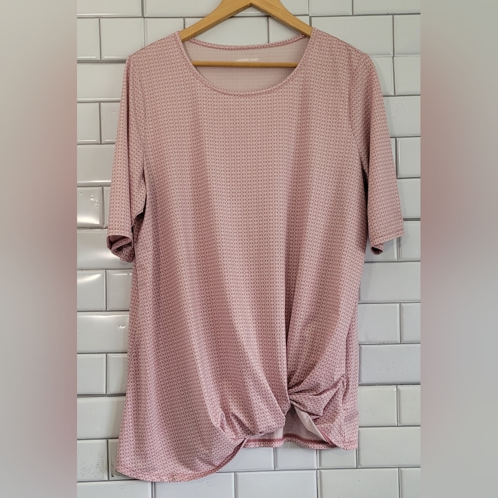 LANDS’ END Ladies Short Sleeve Crew Neck Tunic Top Front Knotted Hem Detail Poly